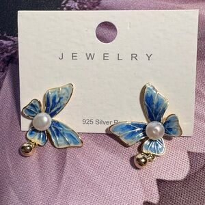 Elegant Blue Butterfly Earrings with freshwater Pearls